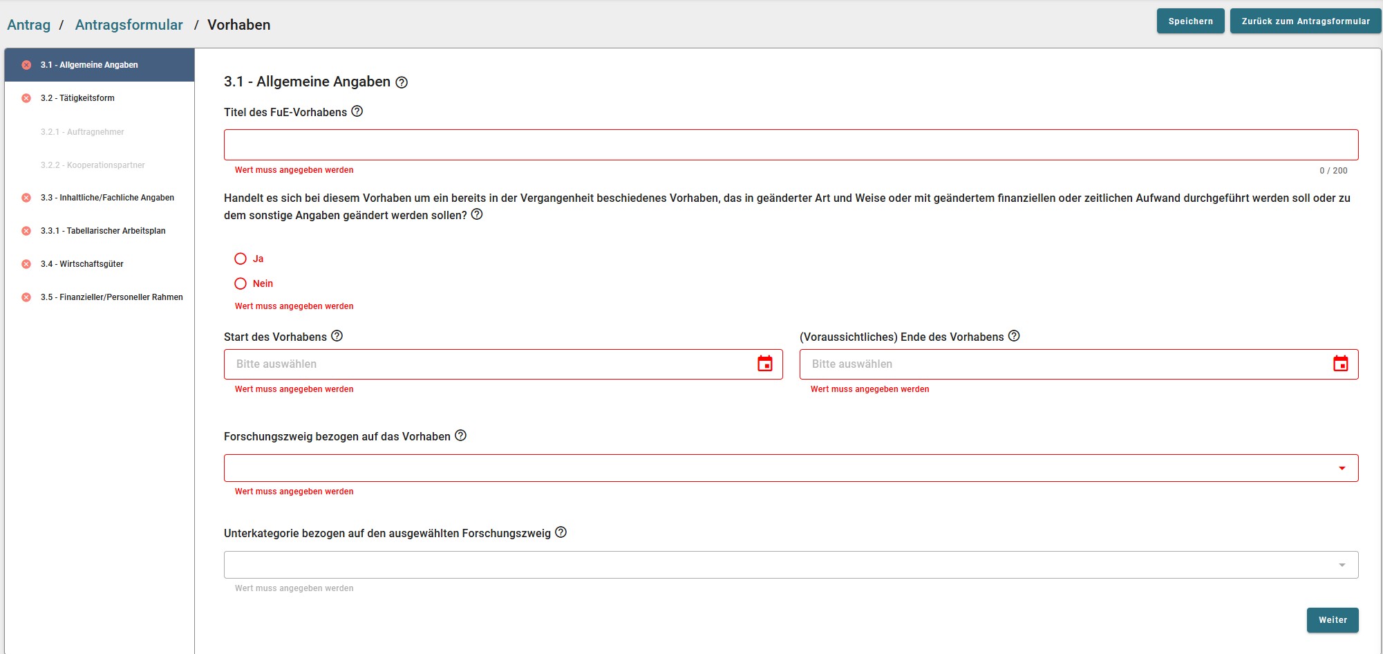 Screenshot des BSFZ-Antragsportals: Eingabemaske für die allgemeinen Angaben zum FuE-Vorhaben
